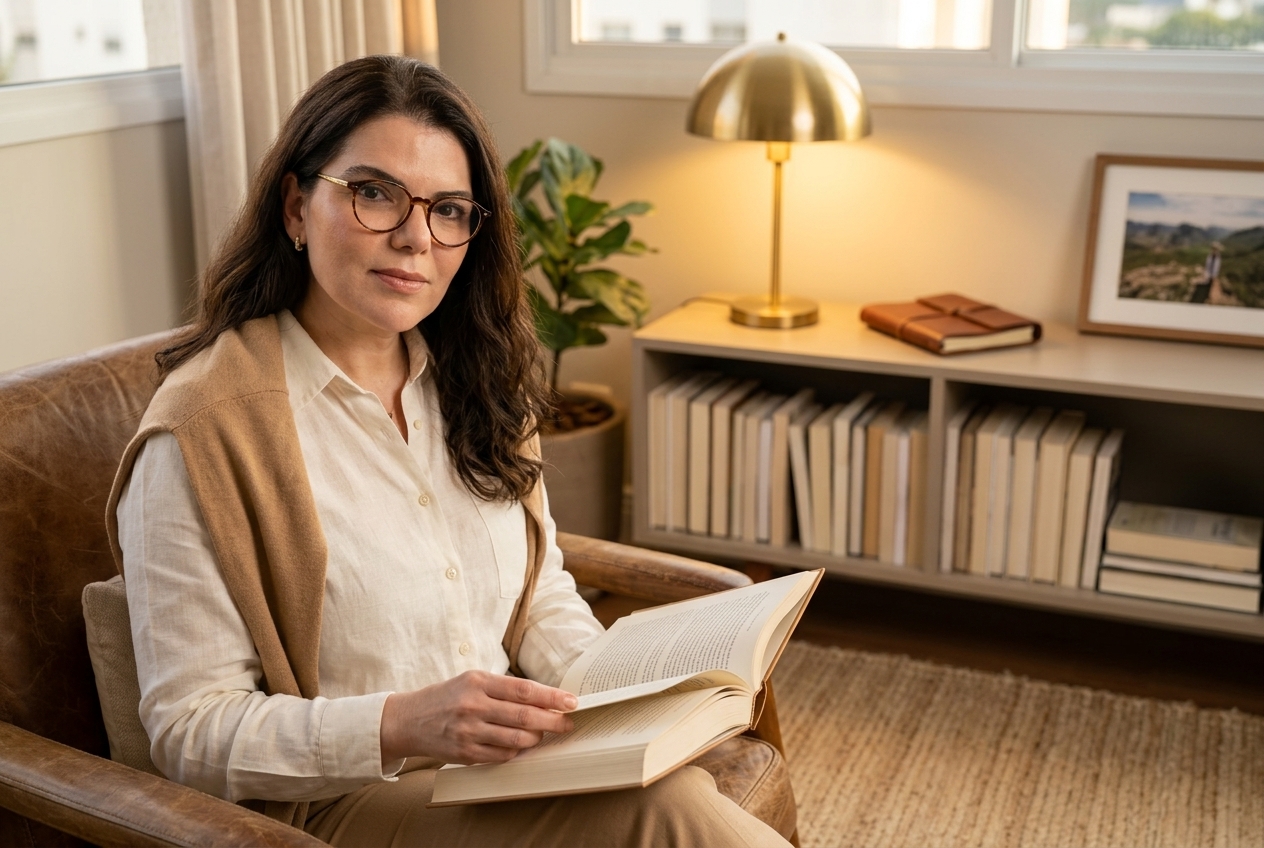 Dra. Sabrina em momento de leitura e estudo, evocando trajetória de formação continuada.