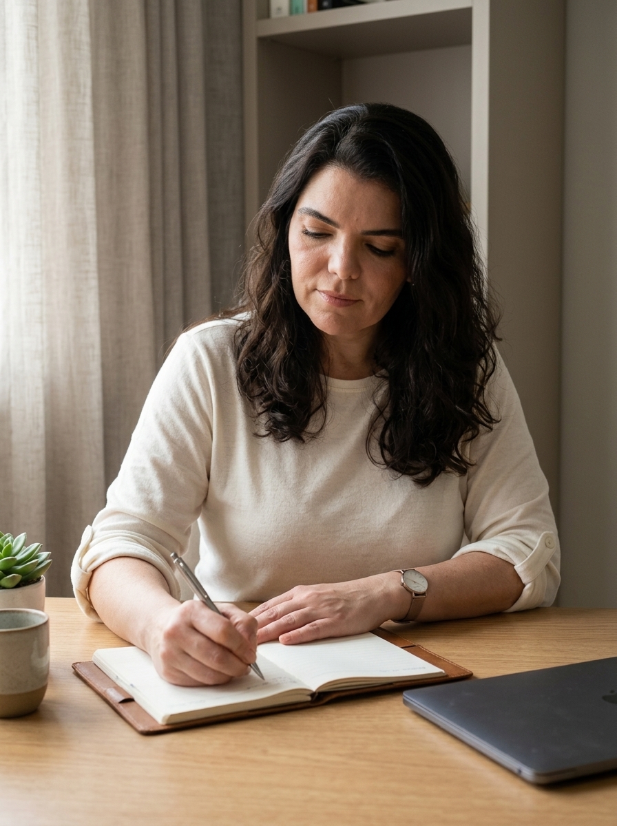 Dra. Sabrina em momento de estudo e construção de plano personalizado, com caderno e materiais editoriais.
